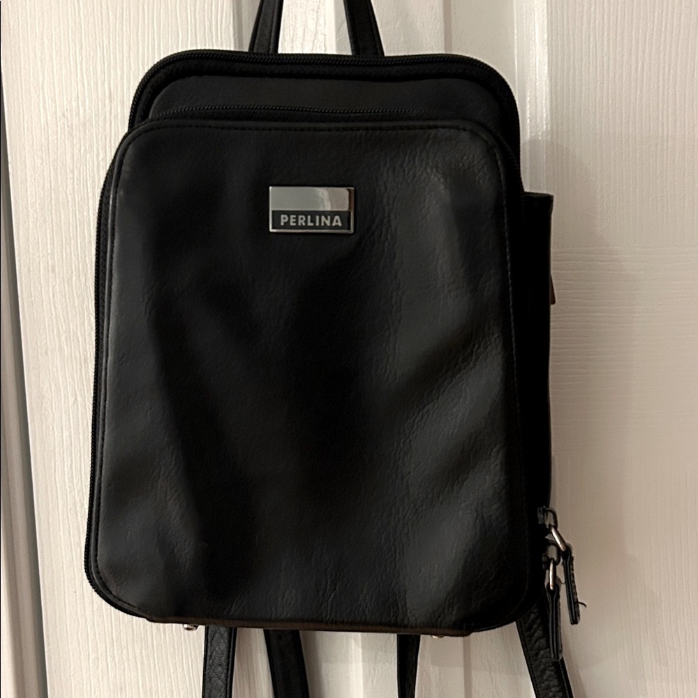 Perlina Black Leather Backpack Purse